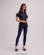 הַלבָּשָׁה Anne Fontaine חולצת אבסטרט חולצת פופלין בכתף ​​קרה עם כפתורי פנינה שָׁחוֹר נשים DL8V8L131 - Image 6