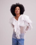 הַלבָּשָׁה Anne Fontaine חולצת גלרי חולצת רשת שקופה עם פרטי סלסול מדורגים לבן נשים DL8V8L239