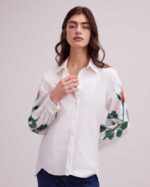 הַלבָּשָׁה Anne Fontaine חולצת חולצת פרחים חולצת טוניקה עם שרוולים בהדפס ורדים לבן נשים DL8V8L146