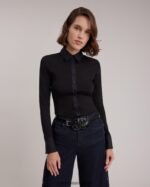 הַלבָּשָׁה Anne Fontaine חולצת נואז' חולצת צווארון עם שרוולים ארוכים עם חפתים שָׁחוֹר נשים DL8V8L187 - Image 3