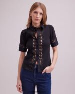 הַלבָּשָׁה Anne Fontaine חולצת פבלו חולצת שרוולים קצרים עם פרטי תחרה פתוחים שָׁחוֹר נשים DL8V8L130 - Image 3