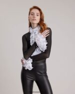 הַלבָּשָׁה Anne Fontaine חולצת צללית חולצת סוודר שקופה עם עיטורי קפלים מנוגדים לבן נשים DL8V8L216 - Image 4