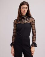 הַלבָּשָׁה Anne Fontaine חולצת שיליין חולצת משי עם שרוולים ארוכים עם חפתים עם חפתים שָׁחוֹר נשים DL8V8L166 - Image 3
