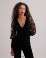 הַלבָּשָׁה Anne Fontaine עליונית עיטוף קטיפה מלכותית עם שרוולים נשפכים עם נפח רקומים בעיגולי קטיפה שָׁחוֹר נשים DL8V8L286 - Image 4