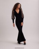 הַלבָּשָׁה Anne Fontaine עליונית עיטוף קטיפה מלכותית עם שרוולים נשפכים עם נפח רקומים בעיגולי קטיפה שָׁחוֹר נשים DL8V8L286 - Image 5