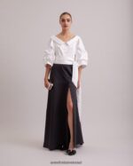 הַלבָּשָׁה Anne Fontaine שמלת דרמה ארוכה ושמלת סאטן עם צווארון נקודתי לבן שחור נשים DL8V8L119 - Image 5