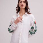 הַלבָּשָׁה Anne Fontaine חולצת חולצת פרחים חולצת טוניקה עם שרוולים בהדפס ורדים לבן נשים DL8V8L146