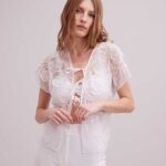 הַלבָּשָׁה Anne Fontaine חולצת פלורס חולצה שקופה עם חזית פתוחה עם רוזטות פרחוניות תלת מימדיות לבן נשים DL8V8L241