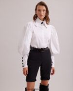 הַלבָּשָׁה Anne Fontaine חולצת nohant פופלין קופסא עם שרוולי בישופים ופרטי כפתורים לבן שחור נשים DL8V8L221 - Image 4