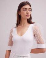 הַלבָּשָׁה Anne Fontaine טופ אווירי עם צווארון V עם שרוולי רשת נשפכים לבן נשים DL8V8L248 - Image 2