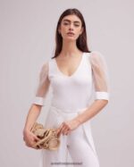 הַלבָּשָׁה Anne Fontaine טופ אווירי עם צווארון V עם שרוולי רשת נשפכים לבן נשים DL8V8L248 - Image 3