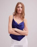 הַלבָּשָׁה Anne Fontaine טופ סאטן ללא שרוולים עליון עם שולי מטפחת כְּחוֹל נשים DL8V8L264 - Image 2