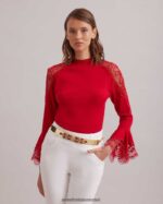 הַלבָּשָׁה Anne Fontaine סוודר סוודר fozia עם פרטי תחרה פרחוניים נשפכים אדום טנגו נשים DL8V8L480 - Image 5