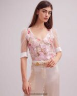 הַלבָּשָׁה Anne Fontaine עליונית רוזאה וטופ נצנצים ורדים עם שרוולי רשת קצרים ורוד/לבן נשים DL8V8L259